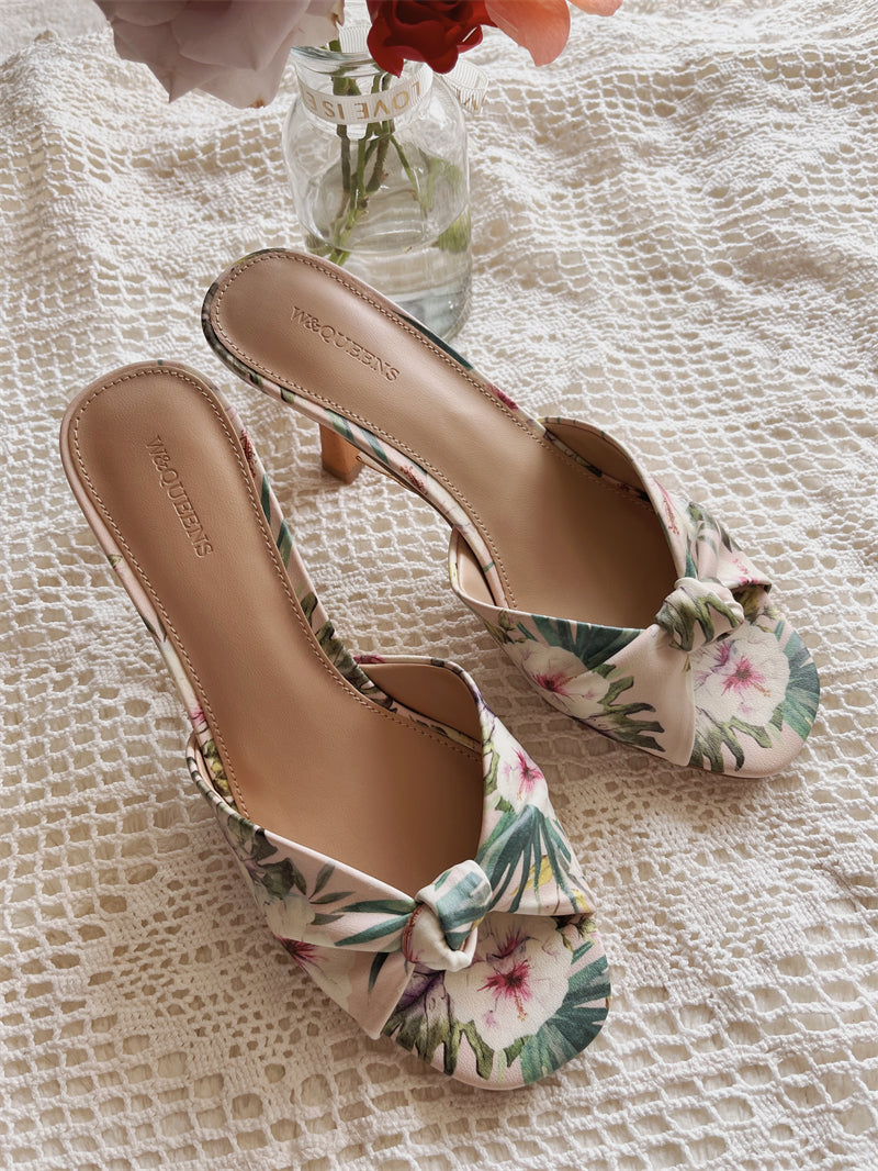 Retro style French square toe flower strap two-wear slippers and sandals