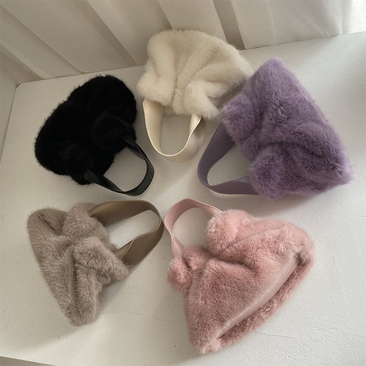 Pleated Faux Rabbit Fur Crossbody Bag