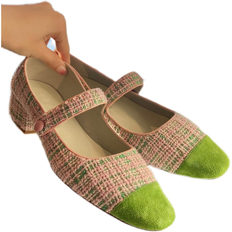 Thick heel color block shallow Mary Jane shoes