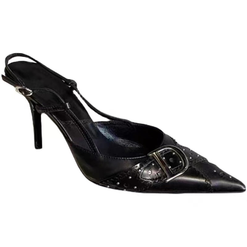 Retro high heels metal D buckle pointed toe back strap buckle stiletto sandals