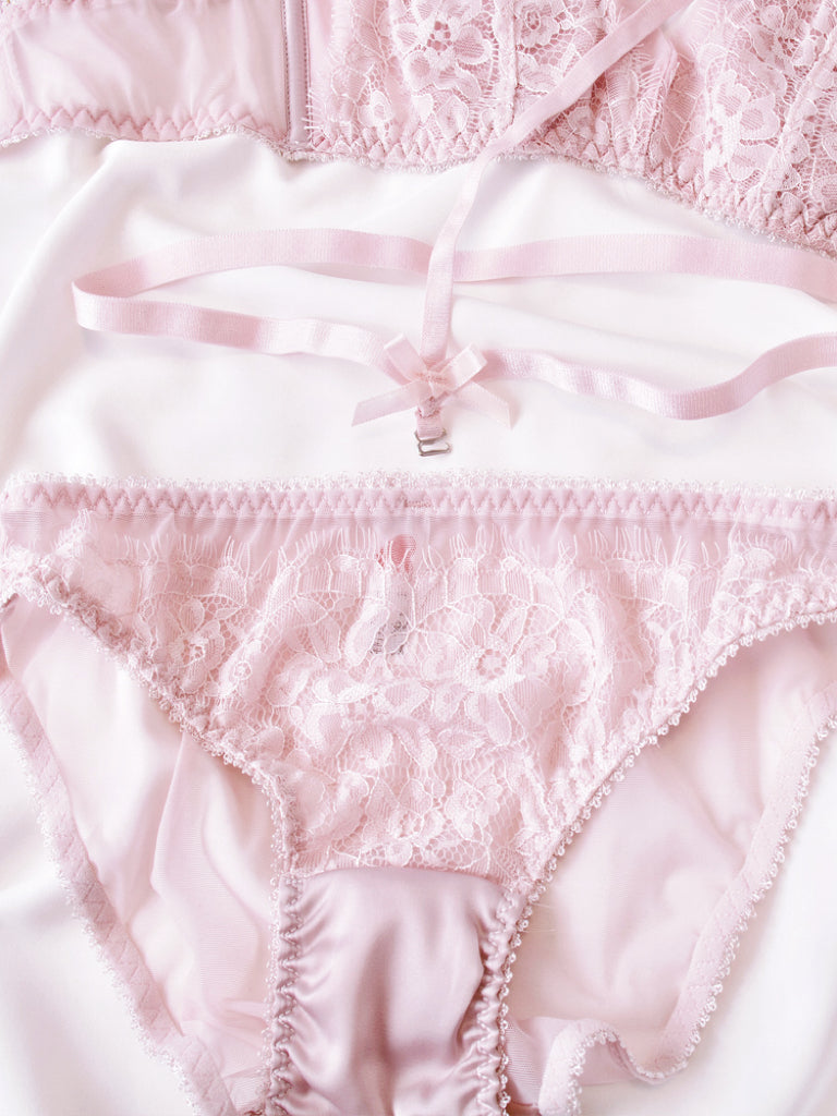 Pink lace cute sexy bow halter neck strap underwear set