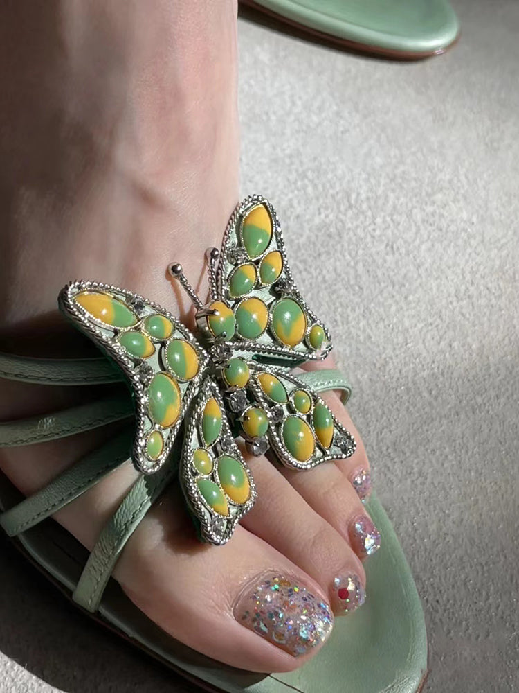 Niche metal butterfly decorated thin heel open toe flip flops