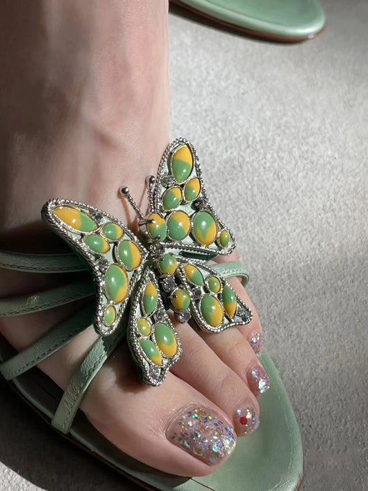 Niche metal butterfly decorated thin heel open toe flip flops