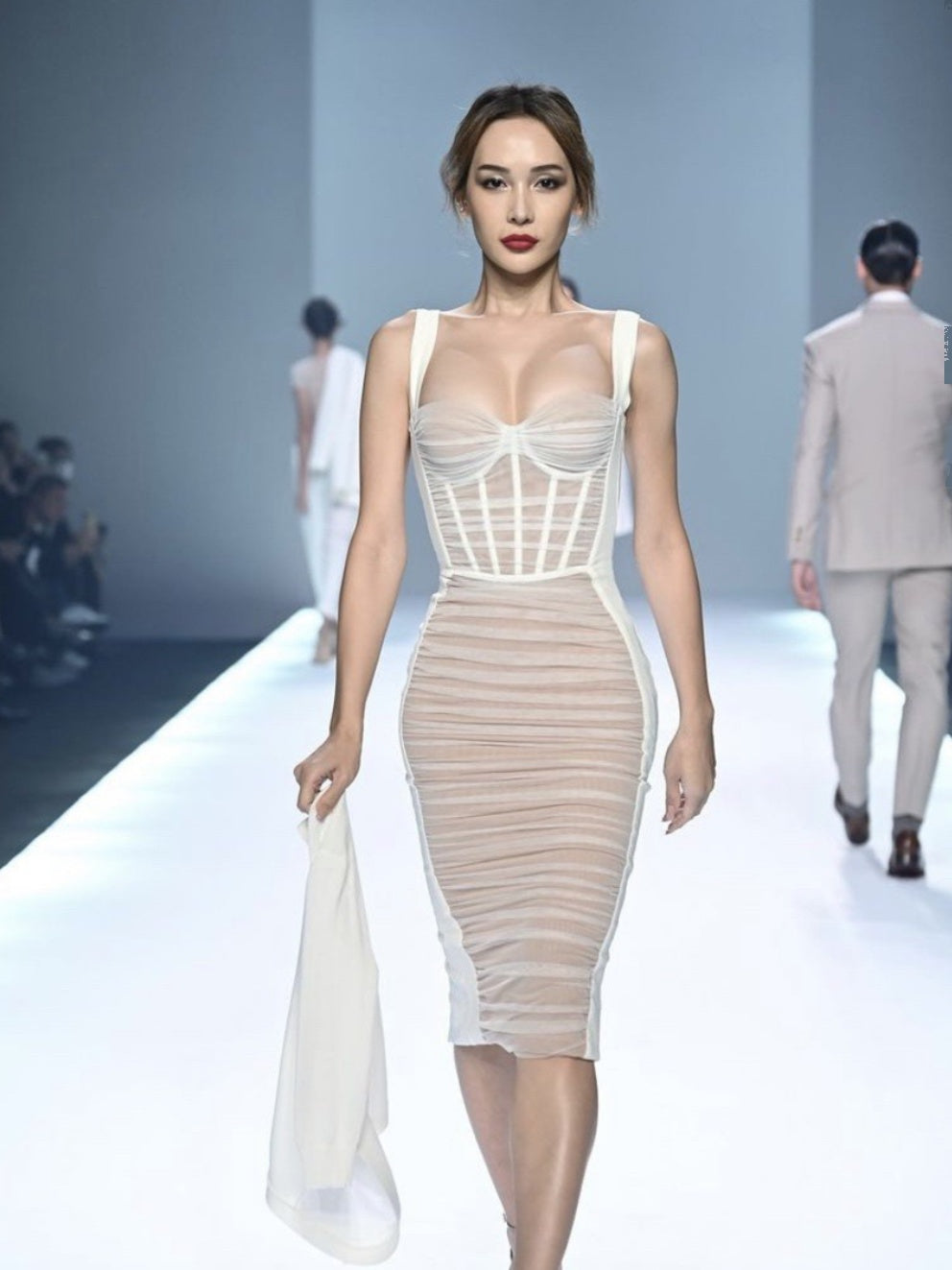 FISHBONE CORSET PLEATED DRESS WITH SUSPENDER BELT ANNUAL MEETING DINNER DRESS