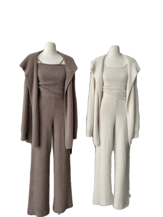 Faux Mink Jacket Vest Wide-Leg Pants Knitted Three-Piece Set