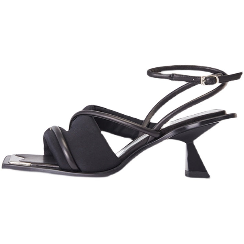 Square toe metal thick high heel strappy sandals