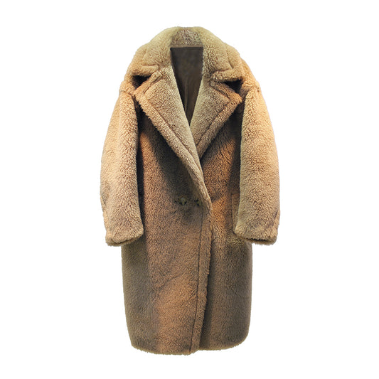 Grained wool shearling loose fit teddy coat mid-length
