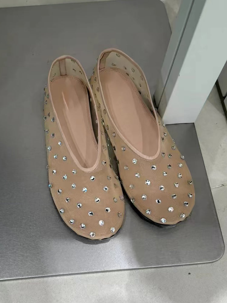 Niche round toe mesh rhinestone ballet flats