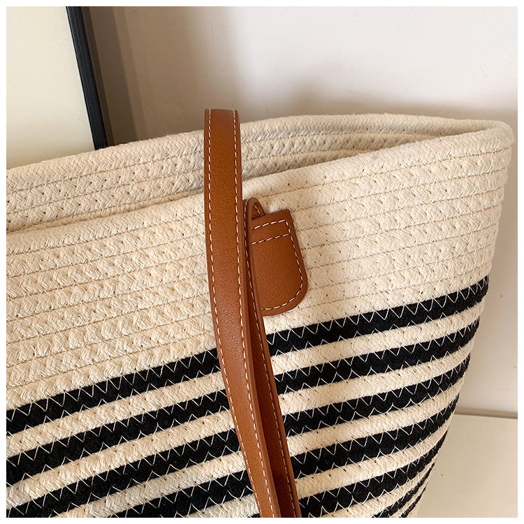 Woven Contrast Stripe Beach Bag