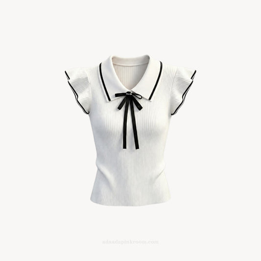 BOW DETAIL KNIT POLO TOP