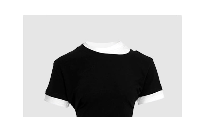 Gray fake two-piece short-sleeved patchwork contrasting T-shirt
