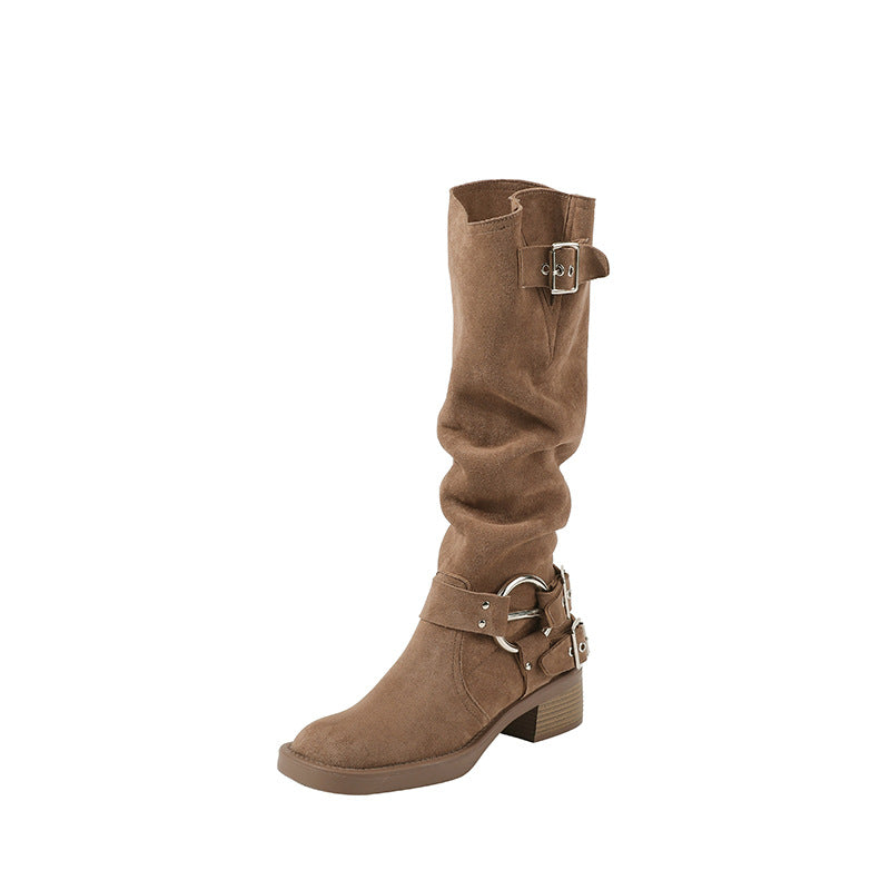 Knight suede block heel square toe high boots