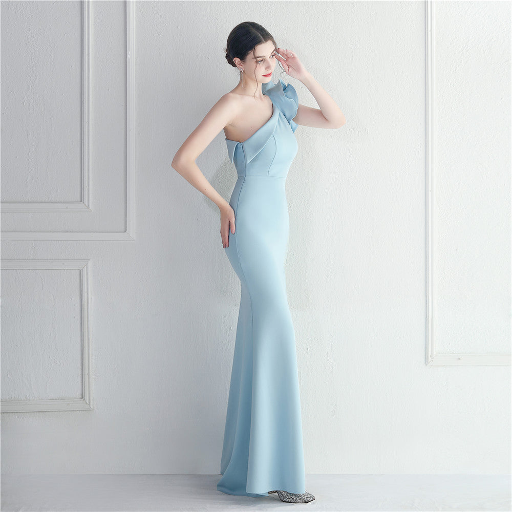 One-shoulder slope-neck ruffled dress