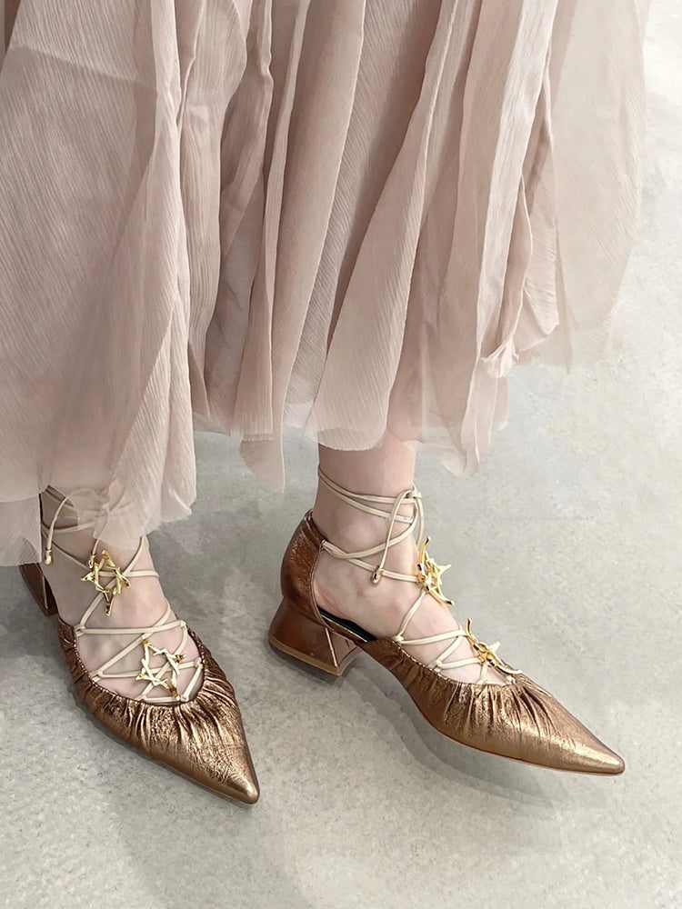 Pointed toe cross-strap silver pleated block heel vintage Mary Jane