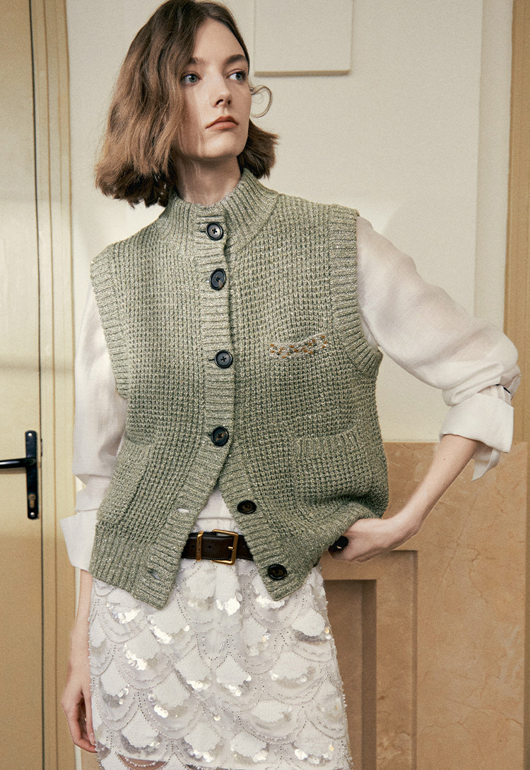 "Diamond Sequins" gold linen cashmere knitted cardigan/vest/suit