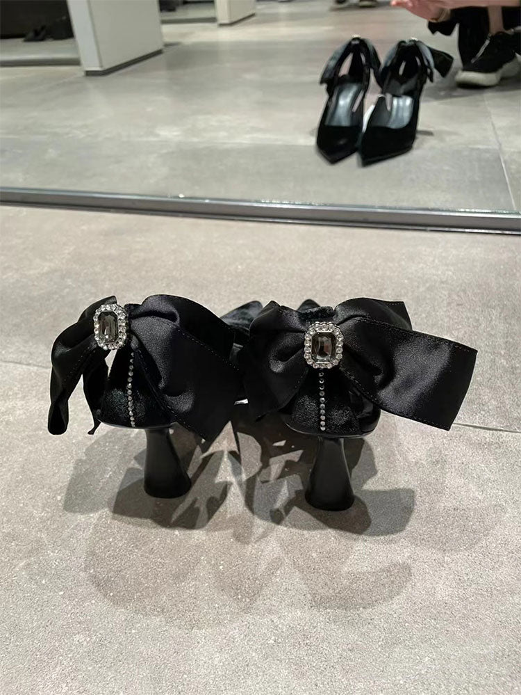 Bow pointed toe rhinestone stiletto sandals