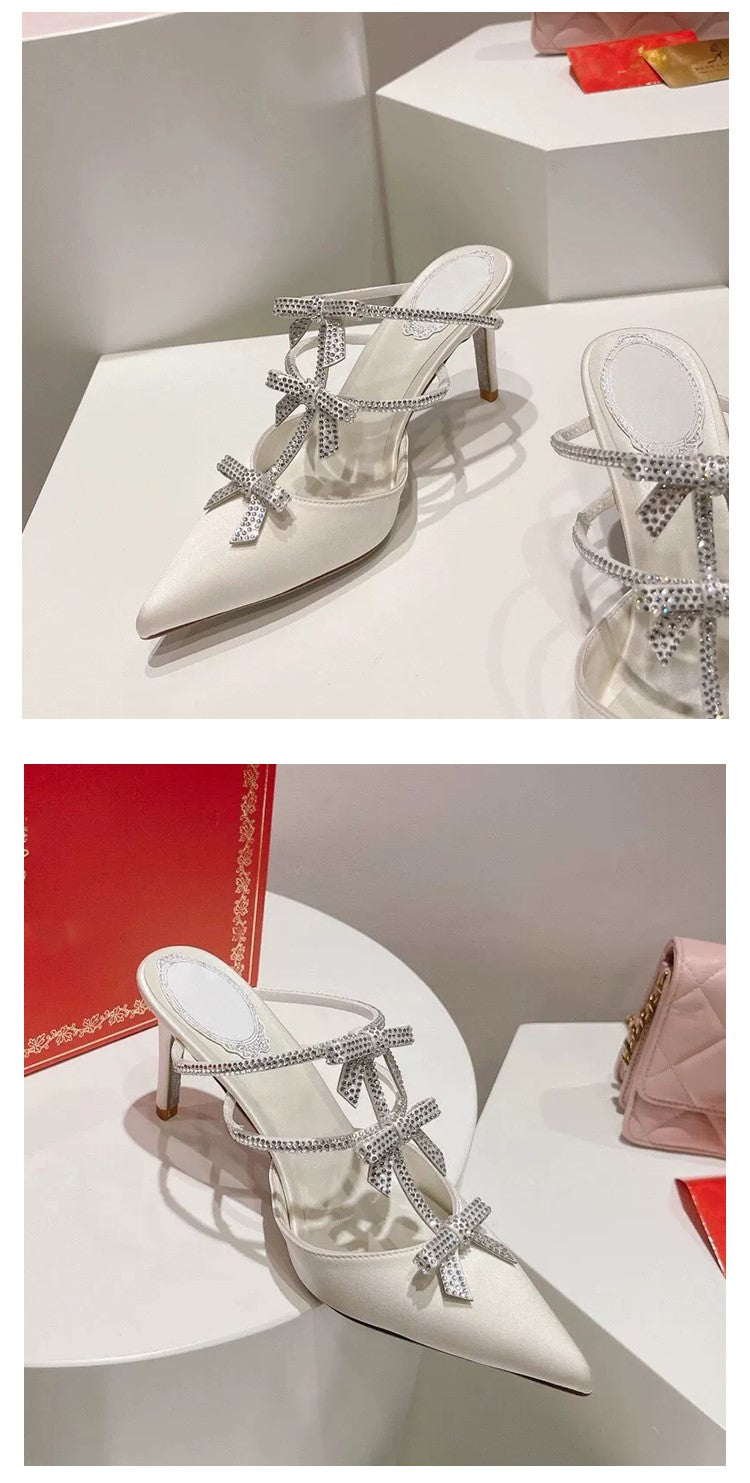 French pointed toe half-slip rhinestone sandals
