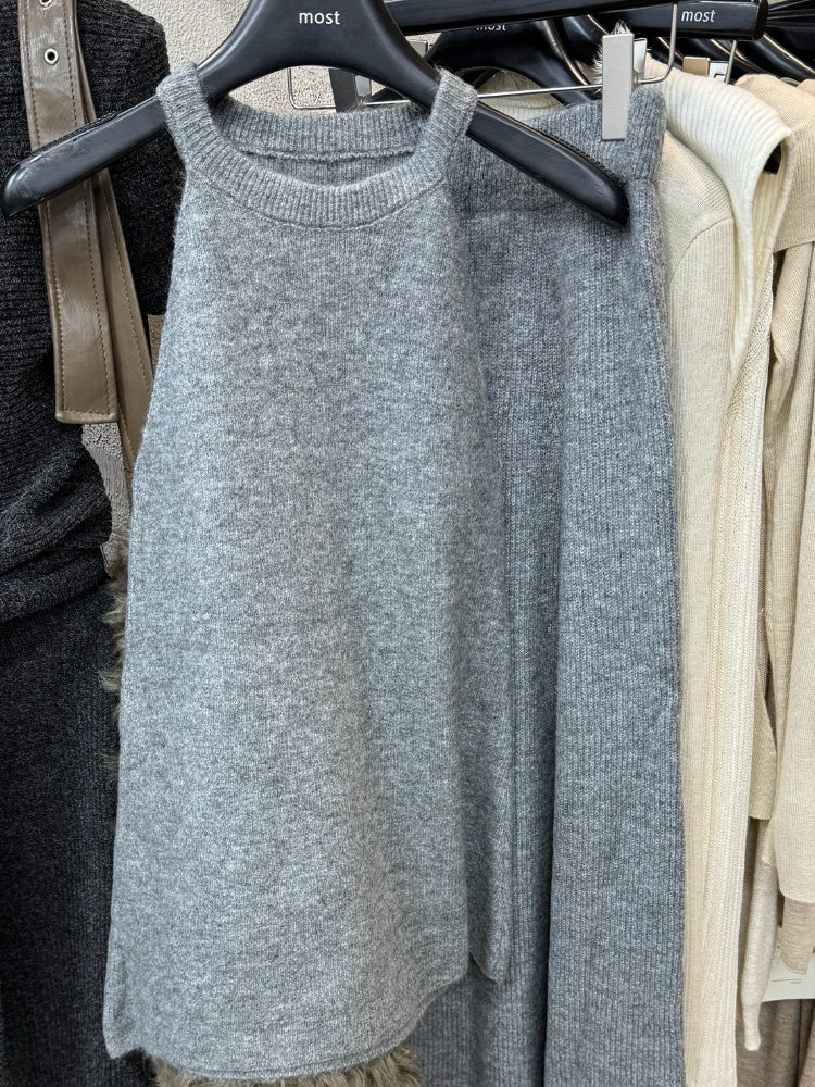 Sleeveless knitted vest + skirt two-piece set