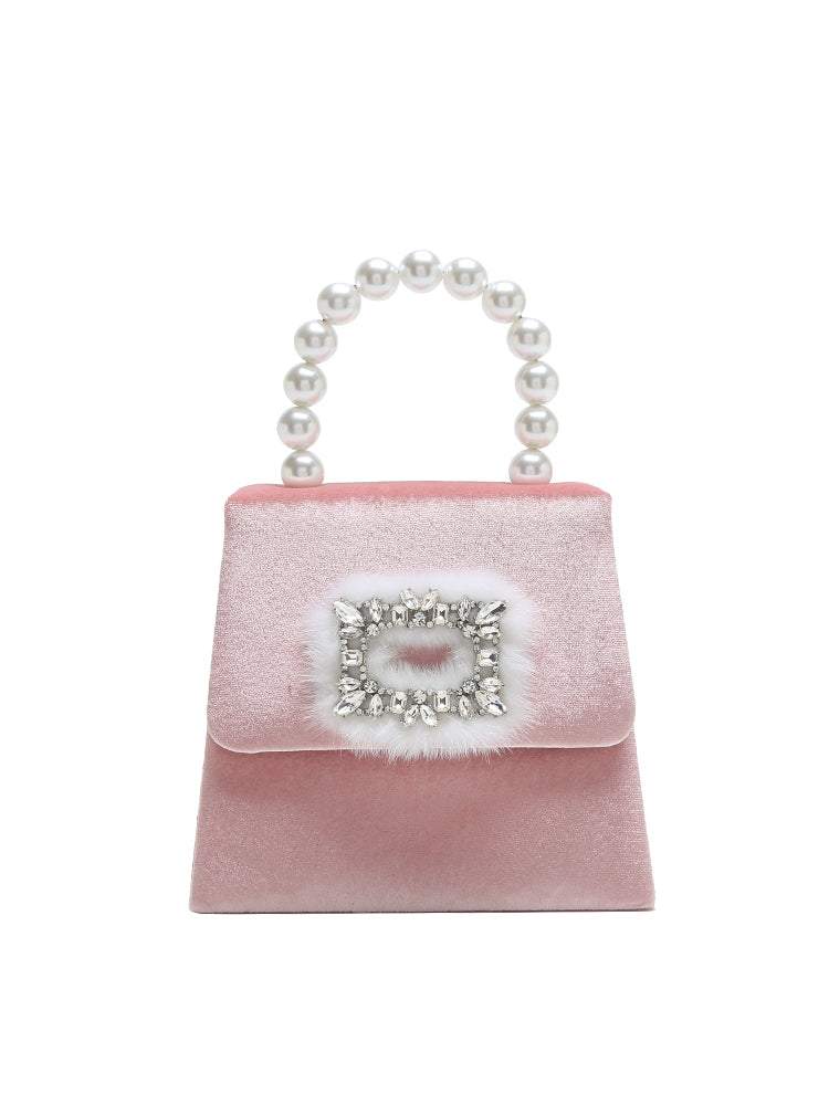 Plush rhinestone chain small square bag