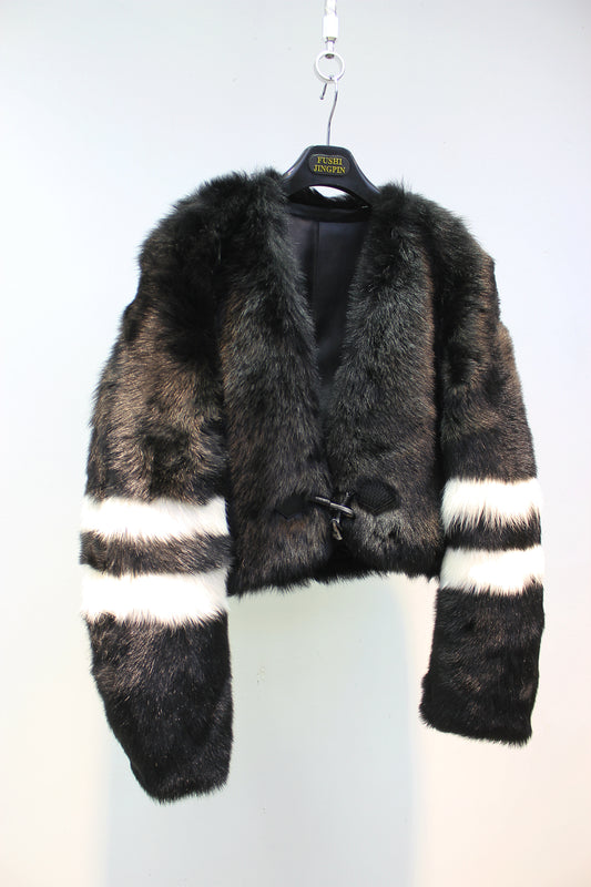 Imported Tuscan leather V-neck contrasting style fur jacket