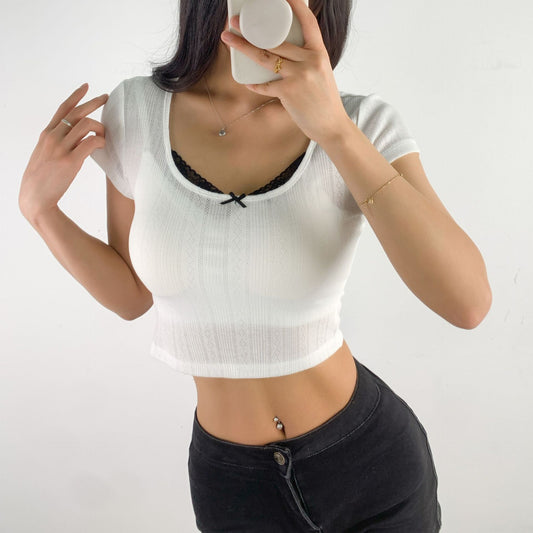 Elegant lace patchwork short-sleeved T-shirt