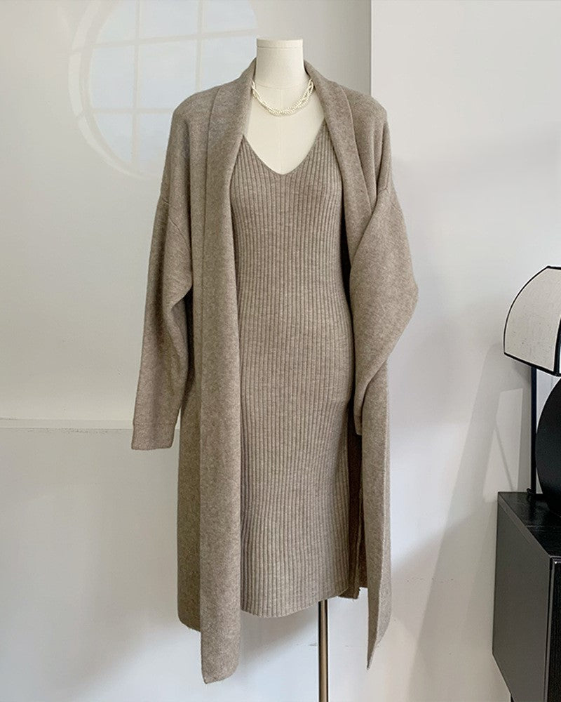 Knitted vest dress + long cardigan coat