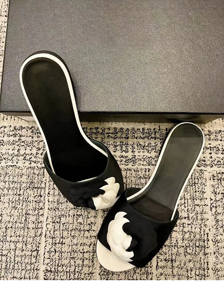 Versatile French lady round toe low heel thick heel women's slippers