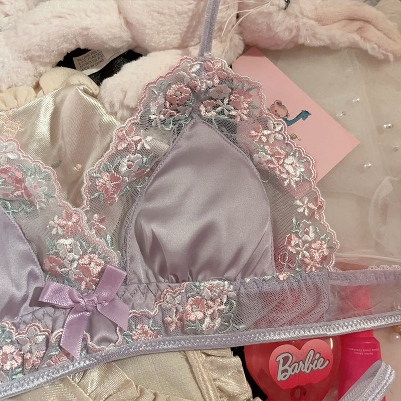 Purple embroidered light luxury silk sexy pure lust lace bra set