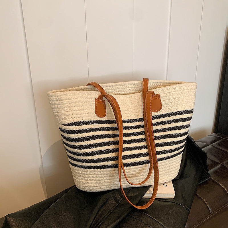 Woven Contrast Stripe Beach Bag