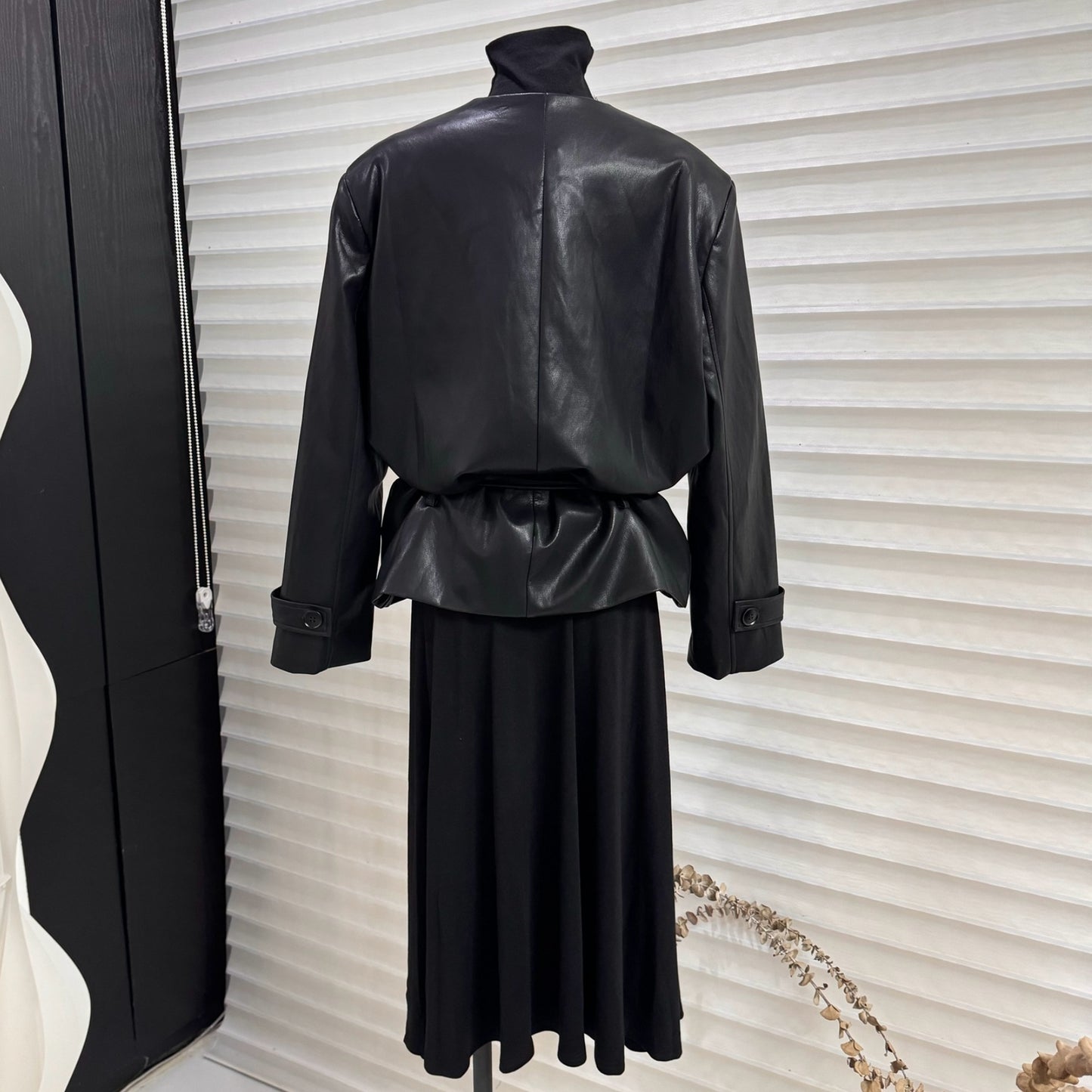 V-neck lace-up PU suit motorcycle jacket