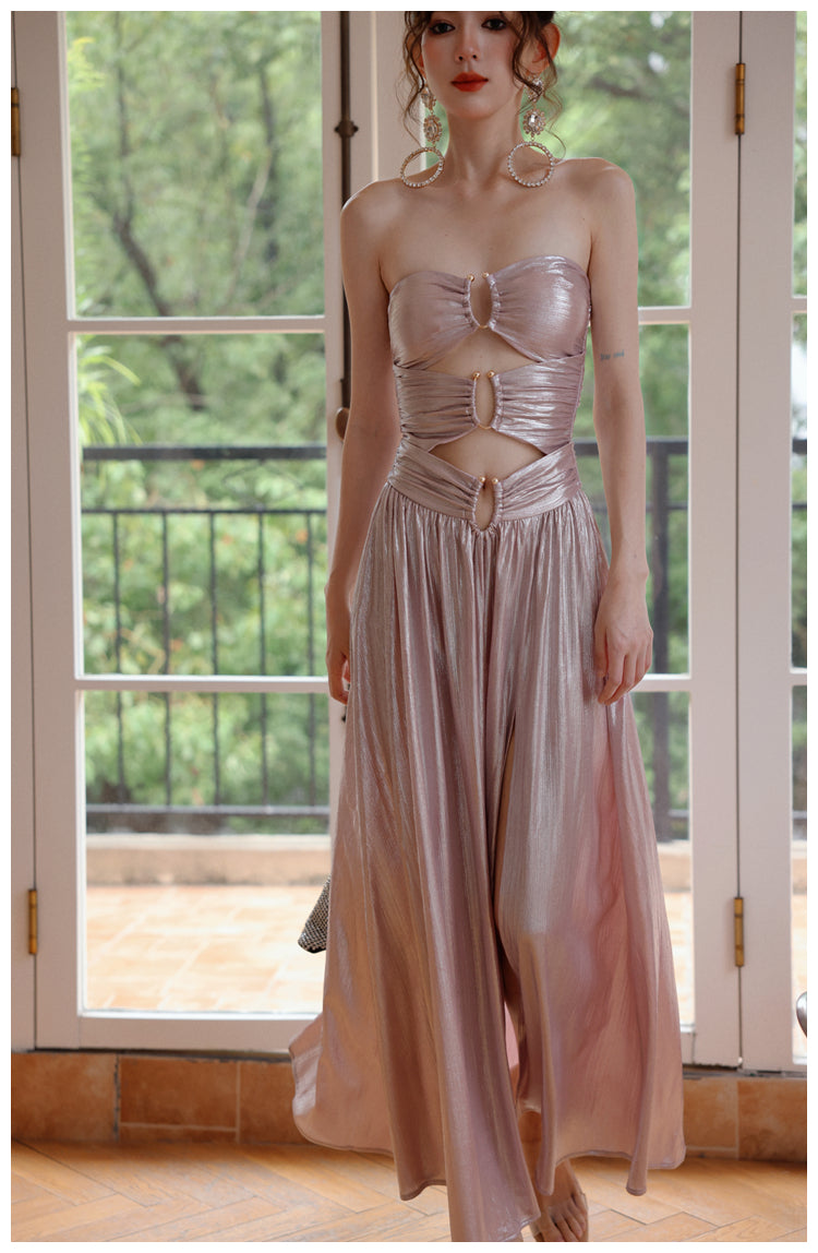 Streaming pink navel-baring tube top dress, hollow birthday skirt, mini dress