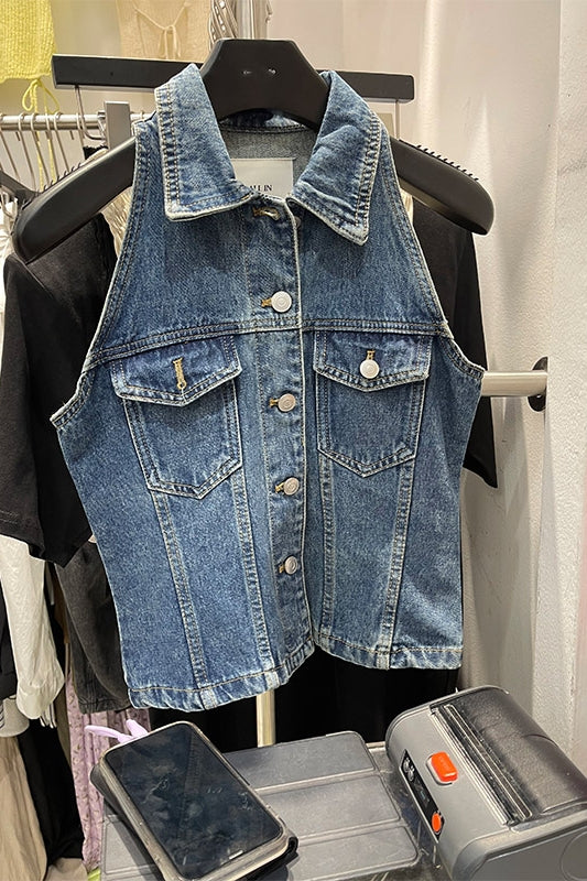 Lapel Buttoned Halter Sleeveless Denim Vest
