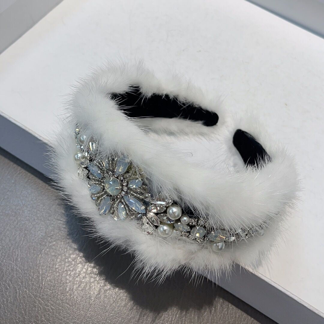 Mink fur wide-brim pressed plush diamond-encrusted headband