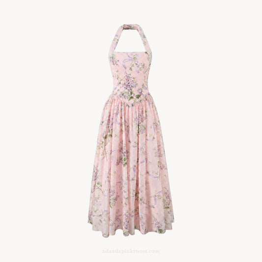 pink floral halter midi dress