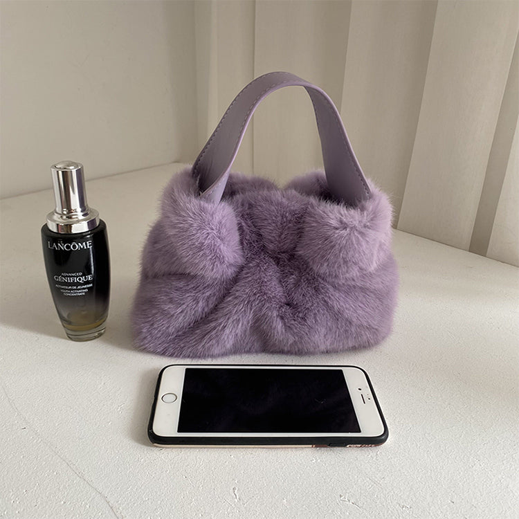 Pleated Faux Rabbit Fur Crossbody Bag