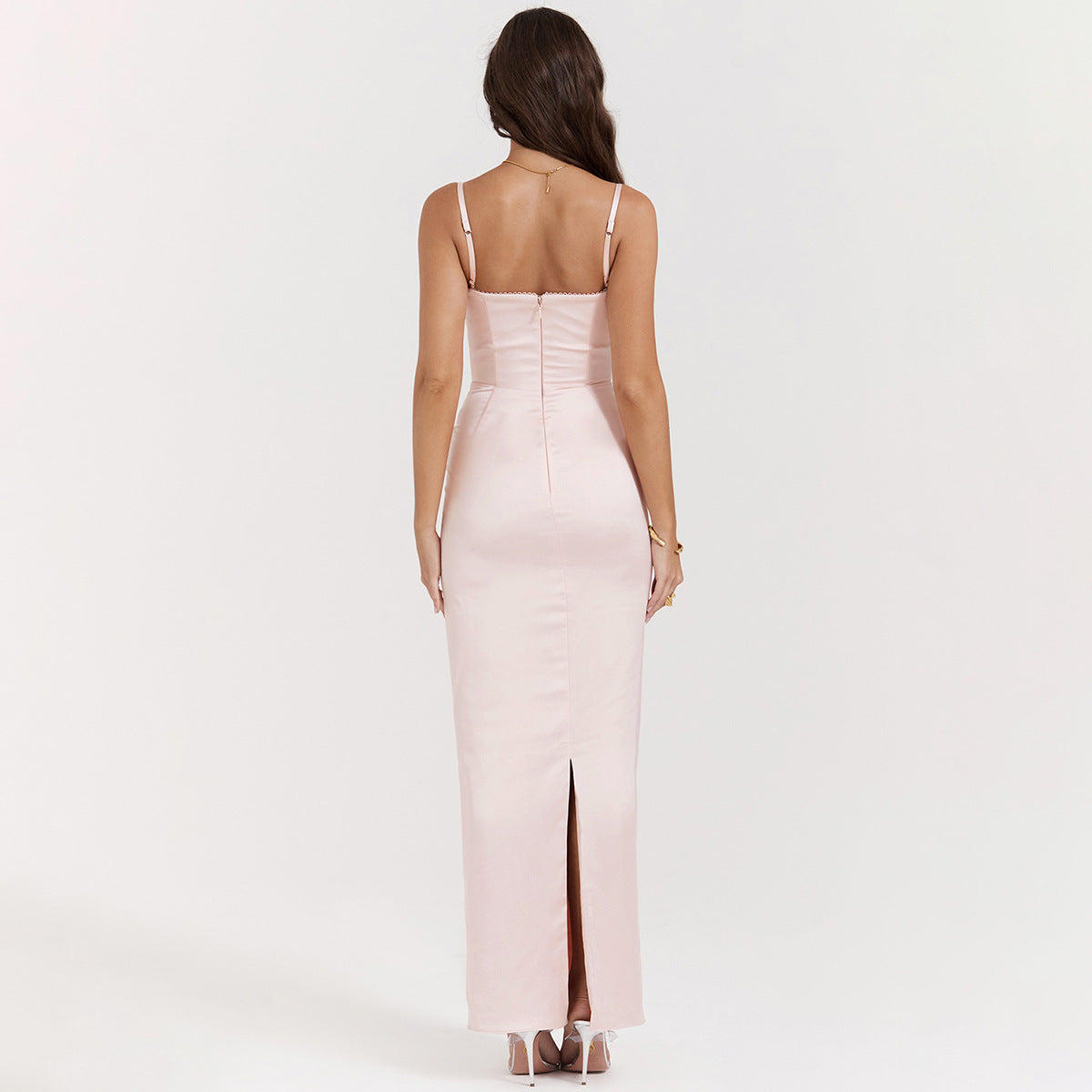 Pink suspender long skirt, sexy slim fit and elegant evening dress with slits