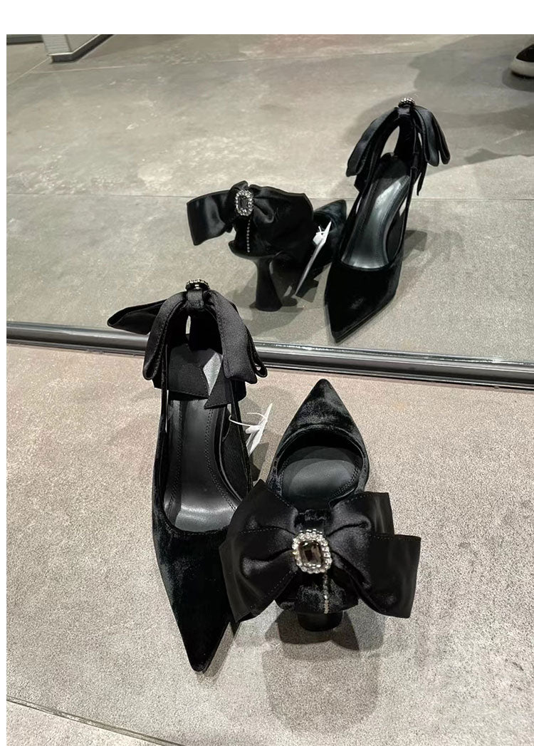 Bow pointed toe rhinestone stiletto sandals