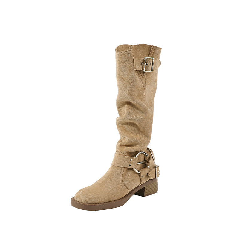 Knight suede block heel square toe high boots