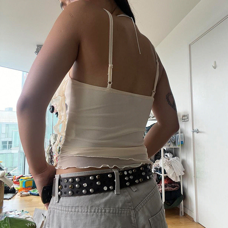 French hot girl flower ribbon mesh sexy backless suspender belt