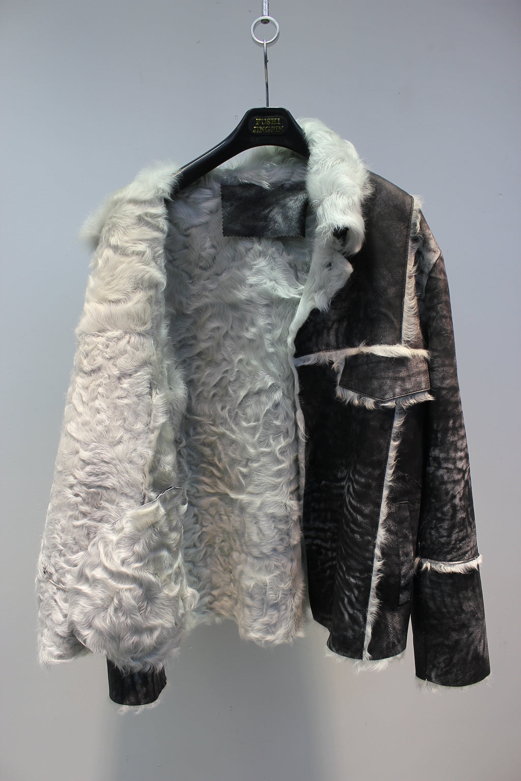 Soft lambskin fur coat with retro textured denim style