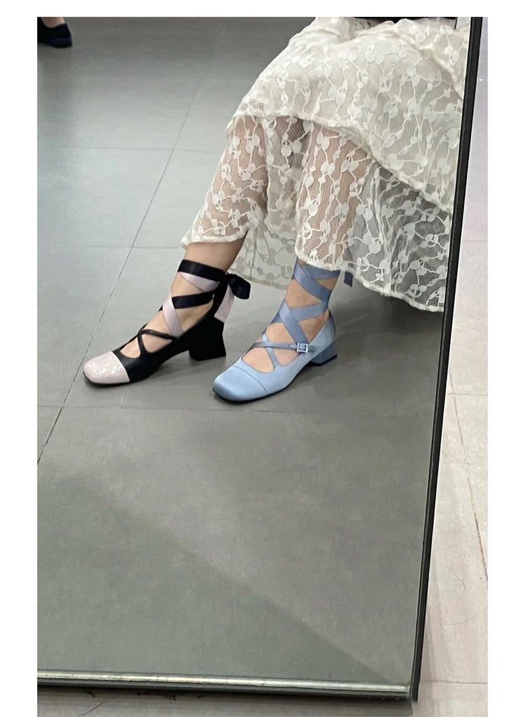 Thick Heel Square Toe Strap Color Matching Light Mary Jane