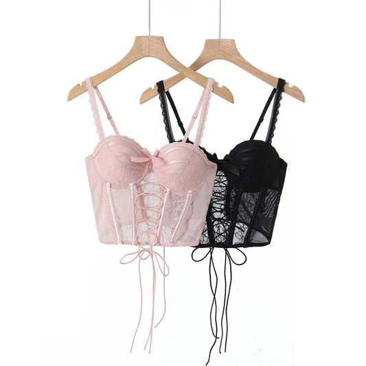 Pink bow lace herringbone suspender belt
