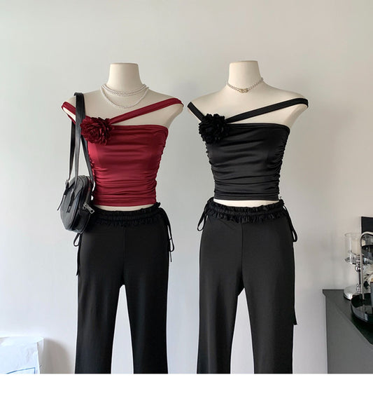 Rose design whitening slim fit pleated tube top