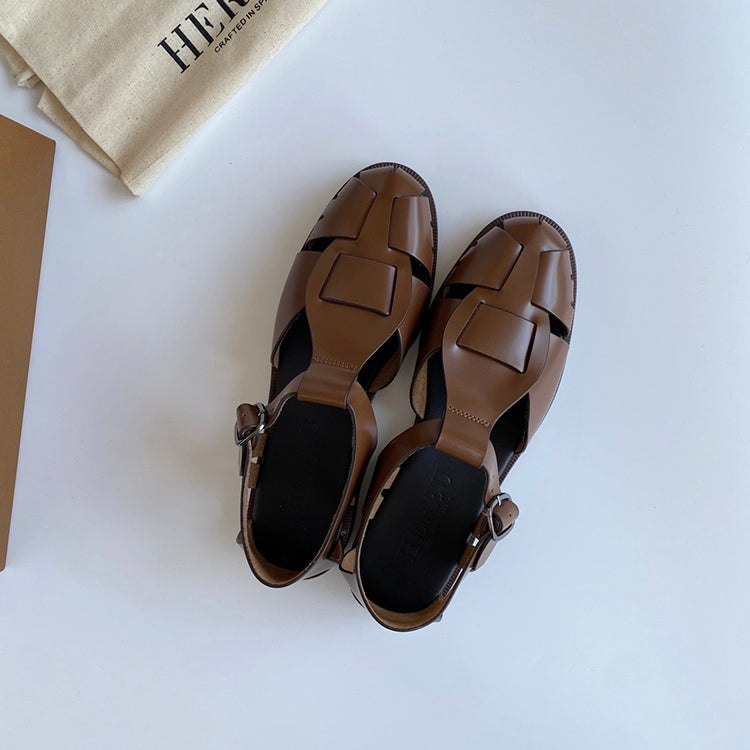 Mary Jane's new style cowhide hand-woven flat buckle women's shoes