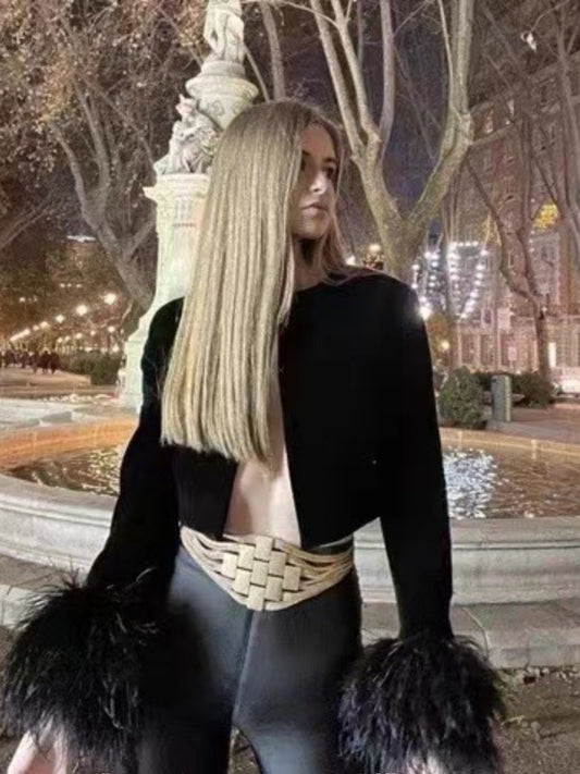 Round neck long sleeve velvet top with ostrich feather trim