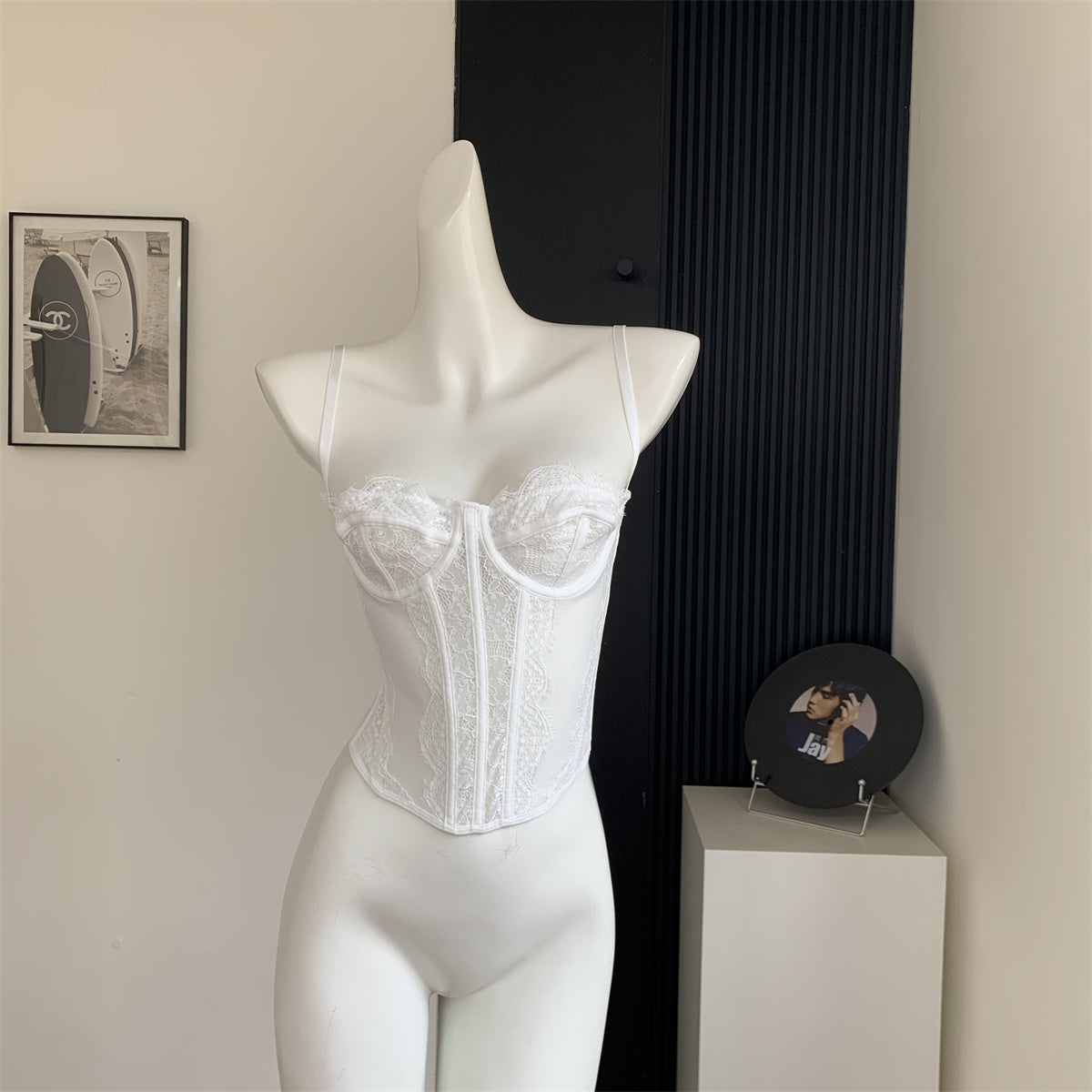 Lace embroidered herringbone camisole bra