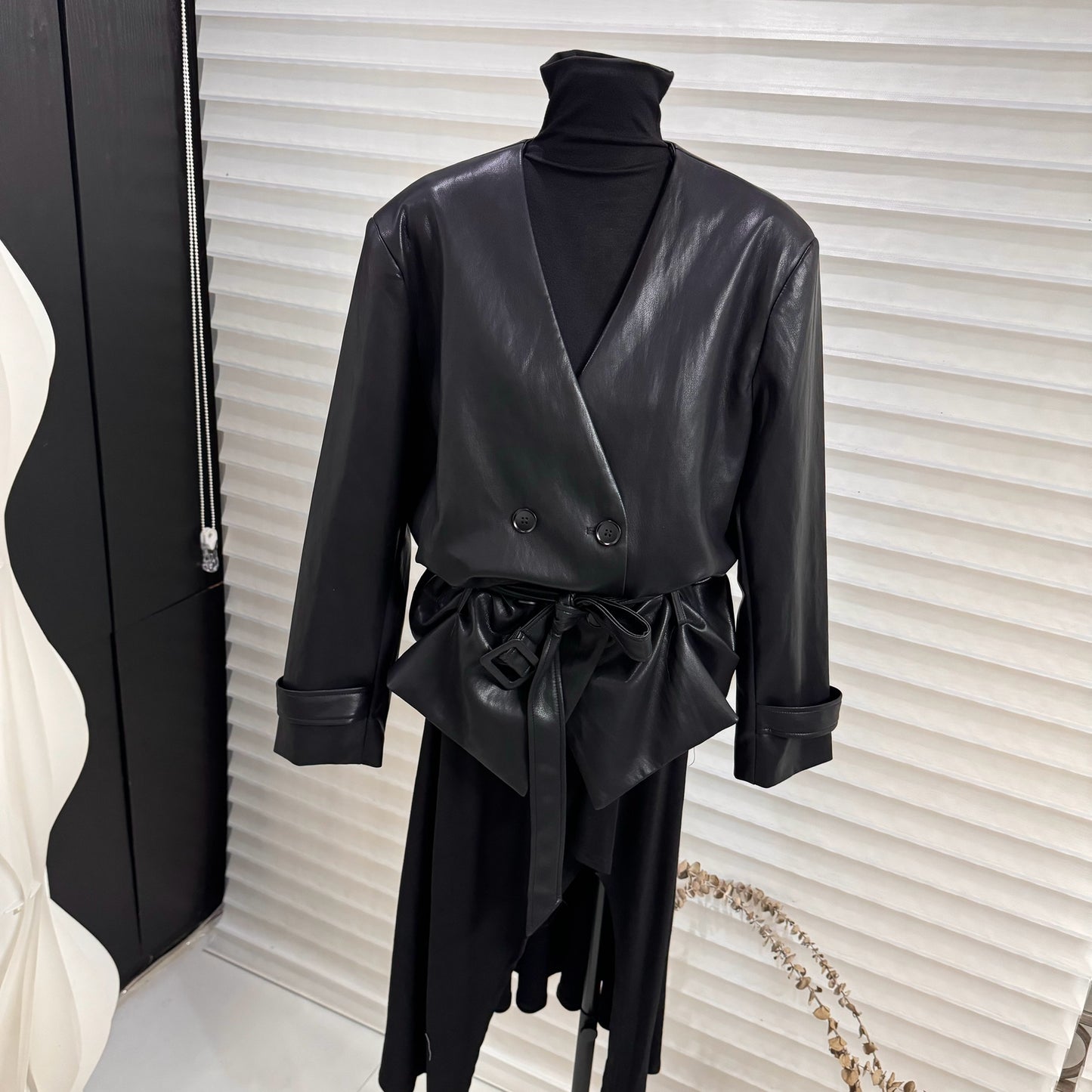 V-neck lace-up PU suit motorcycle jacket