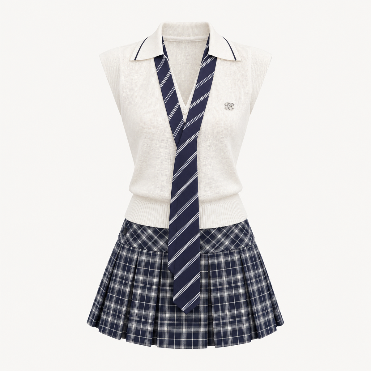 Navy Plaid Knit Skirt Set