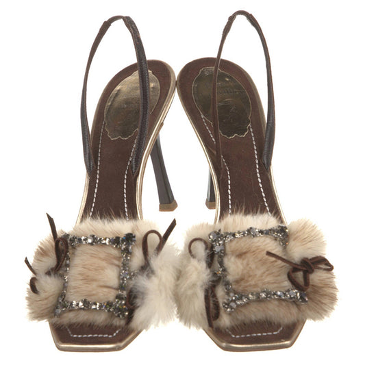 Open toe stiletto fur rhinestone high heel sandals