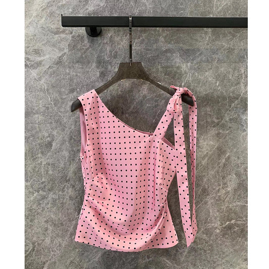 Pink temperament age-reducing polka-dot print sleeveless off-shoulder strappy vest